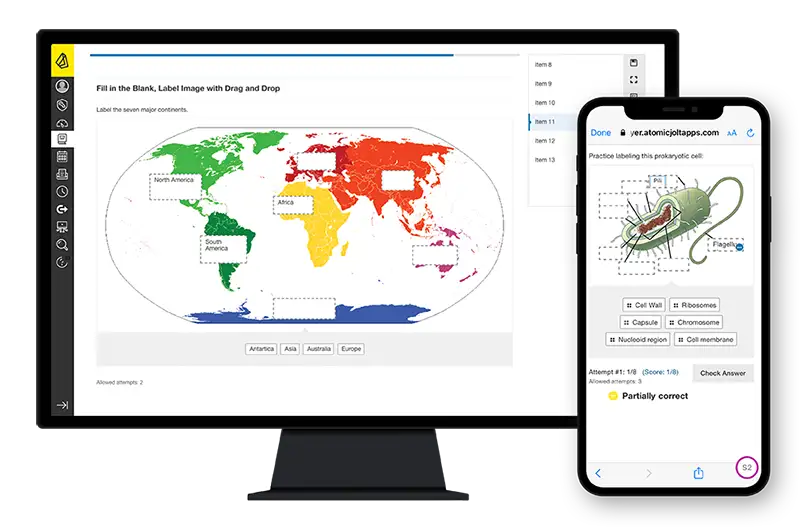 atomic assessments screenshots in a monitor and a phone