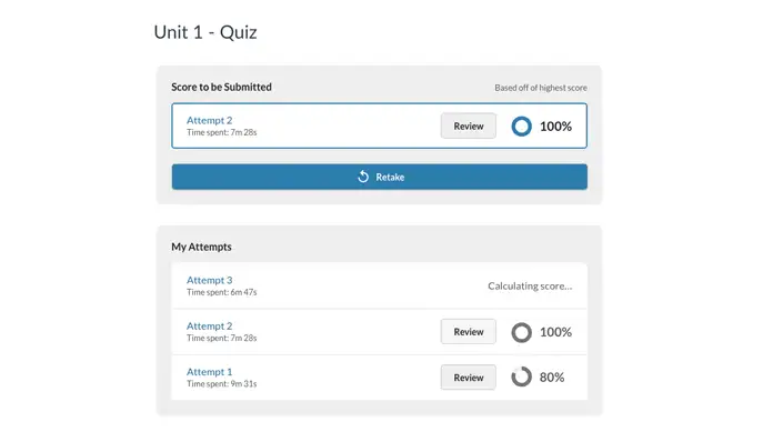 atomic assessments screen with student summary