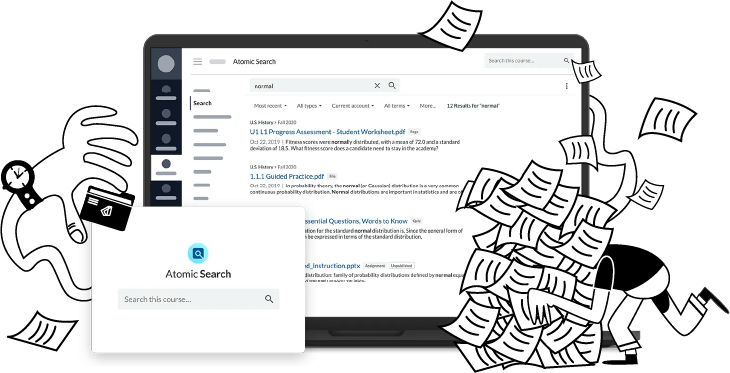 atomic search screenshots and a cartoon man searching in a mess of papers